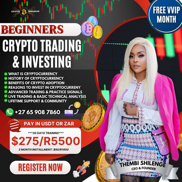 Beginners crypto trading and investing course poster.